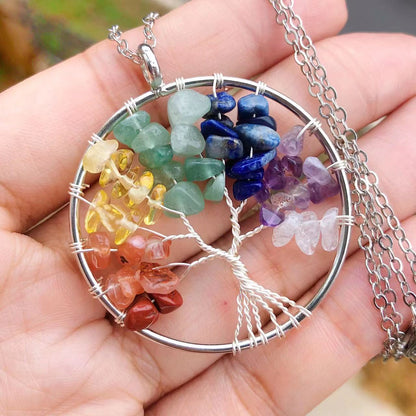 Natural Crushed Stone Crystal Silver Color Tree Of Life Necklace