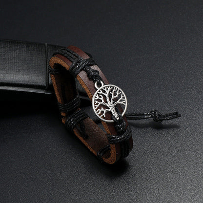 Adjustable Leather Bracelet with Tree of Life