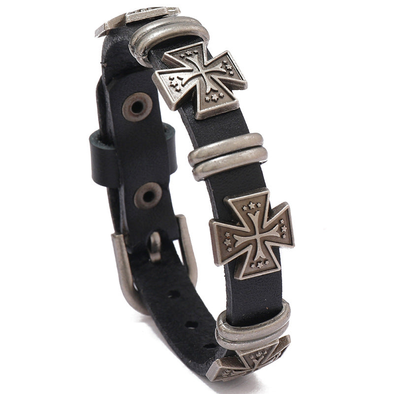 Adjustable Leather Bracelet with Greek cross