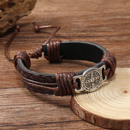 Adjustable Leather Bracelet with Saint Benedict