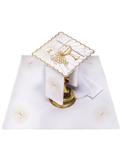 Altar linen golden chalice grapes white cross, cotton