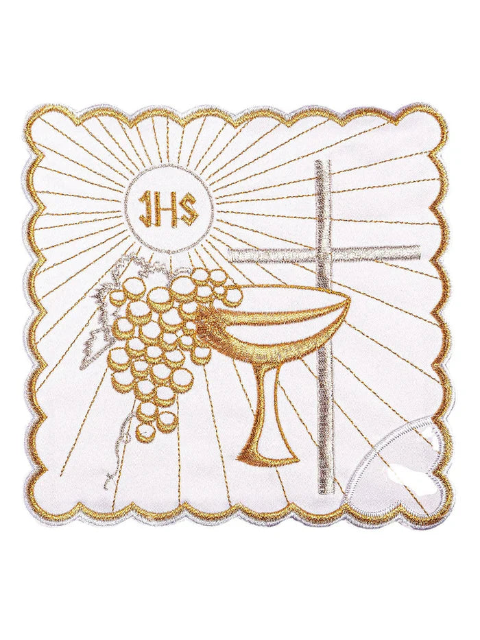 Altar linen golden chalice grapes white cross, cotton