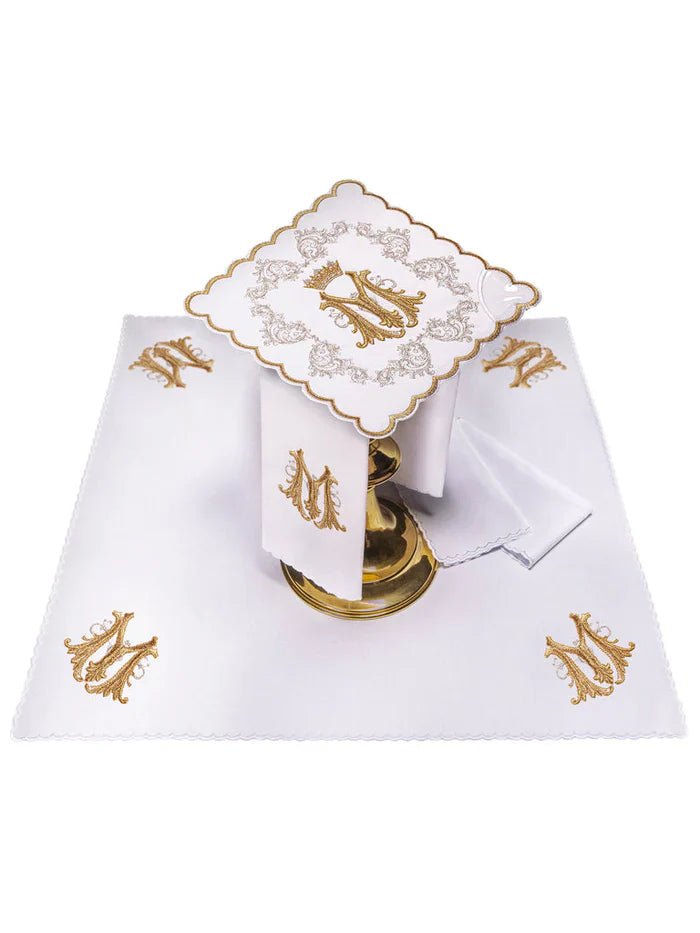 Altar linens set, with Marian symbol