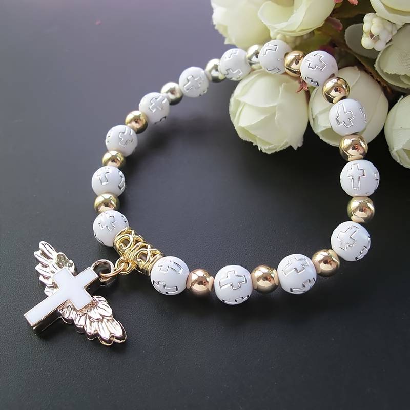 Angel Cross Bracelet Wristband, Golden Cross Bead Jewelry