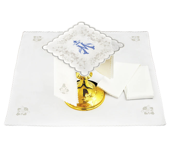 Altar linens set, with Marian symbol, cotton and polyester